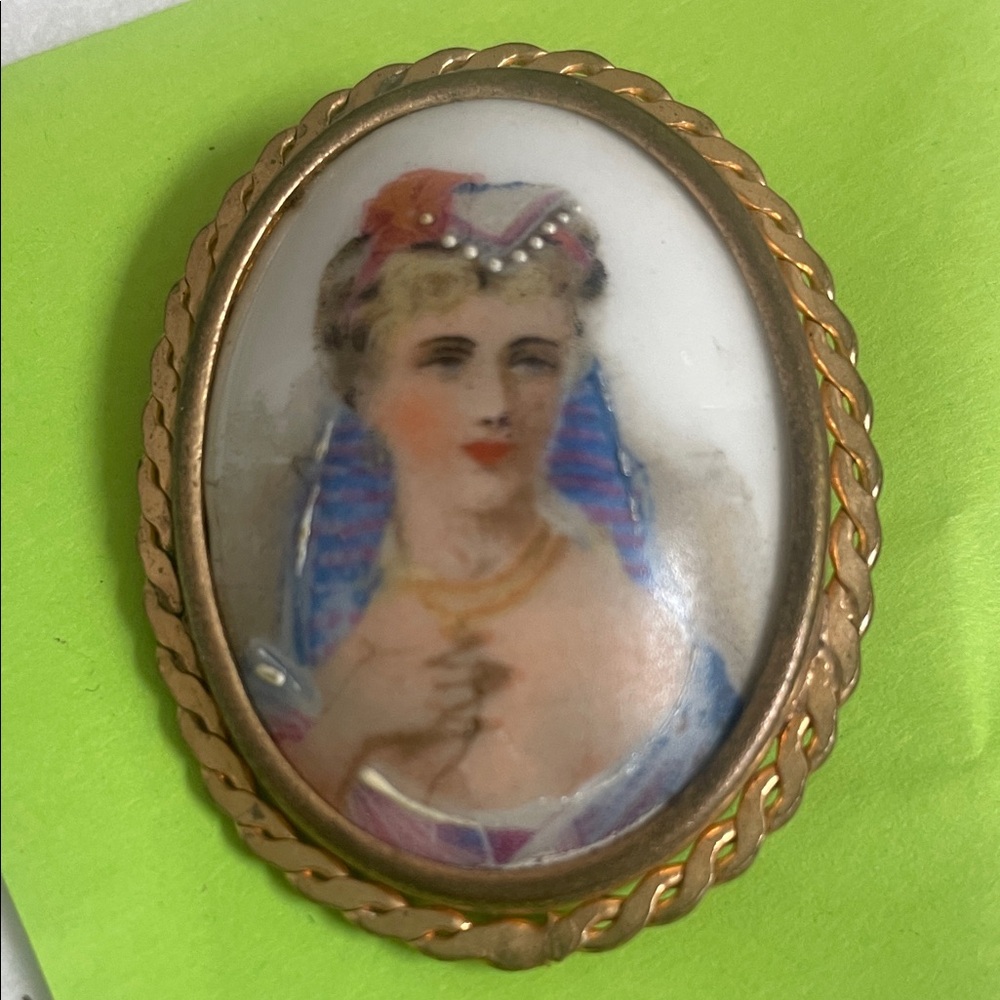 Limoges Hand-Painted Portrait Brooch in Gold with Blue and Pink Accents